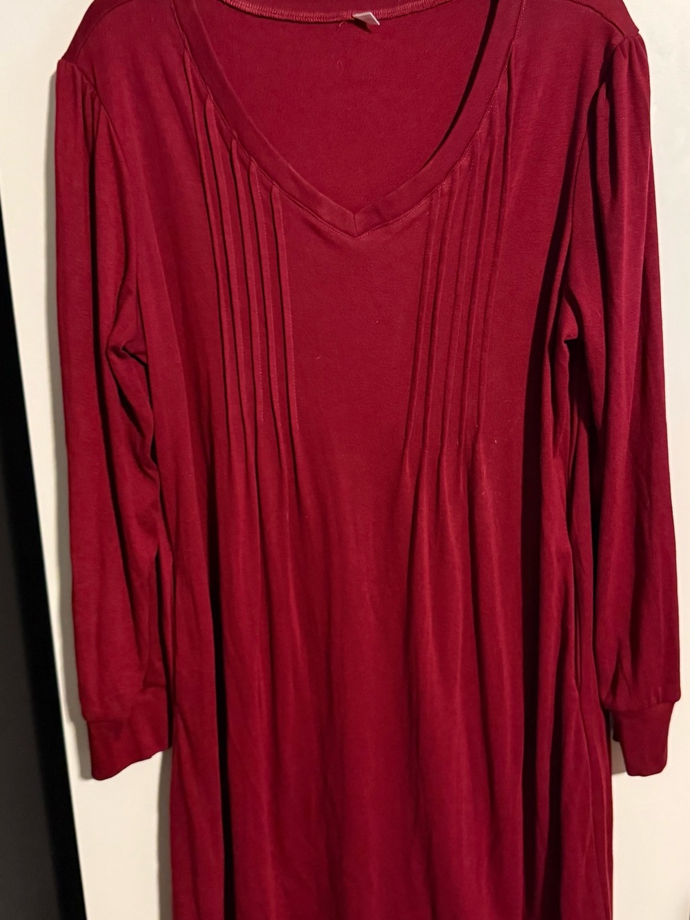 Long Sleeve V-Neck Pleated Burgundy Dress
